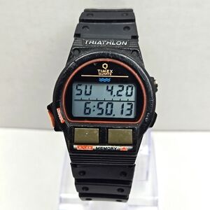 Vintage Timex Q Triathlon Watch 39mm Black Digital 8 Lap Backlight New Battery